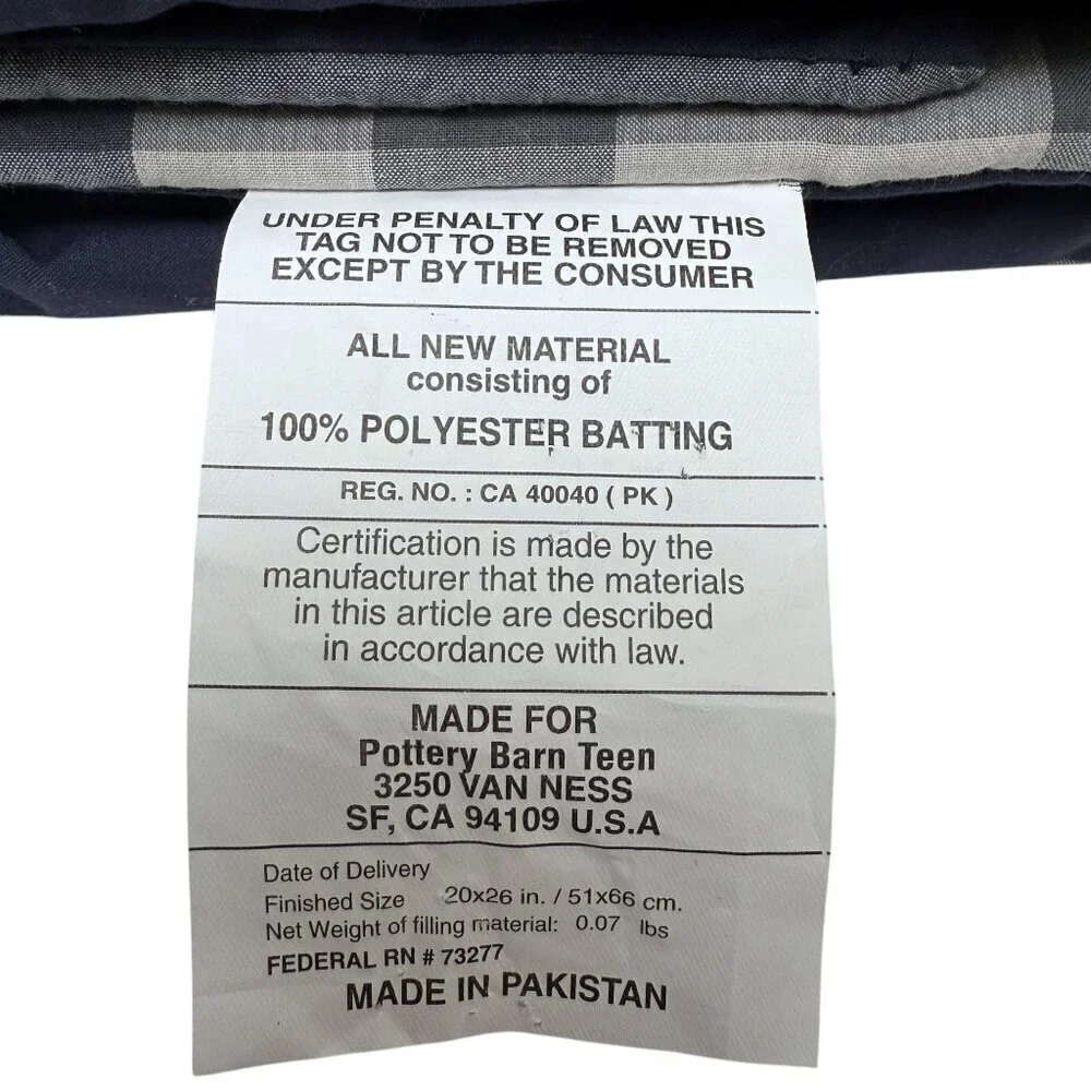POTTERY BARN Pillow Sham Navy Gray Plaid Cotton Standard Size Xander Pillowcase